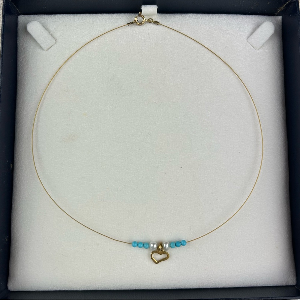 Gold Plated 925 Sterling Silver Heart Necklace w Genuine Turquoise Beads Pearls